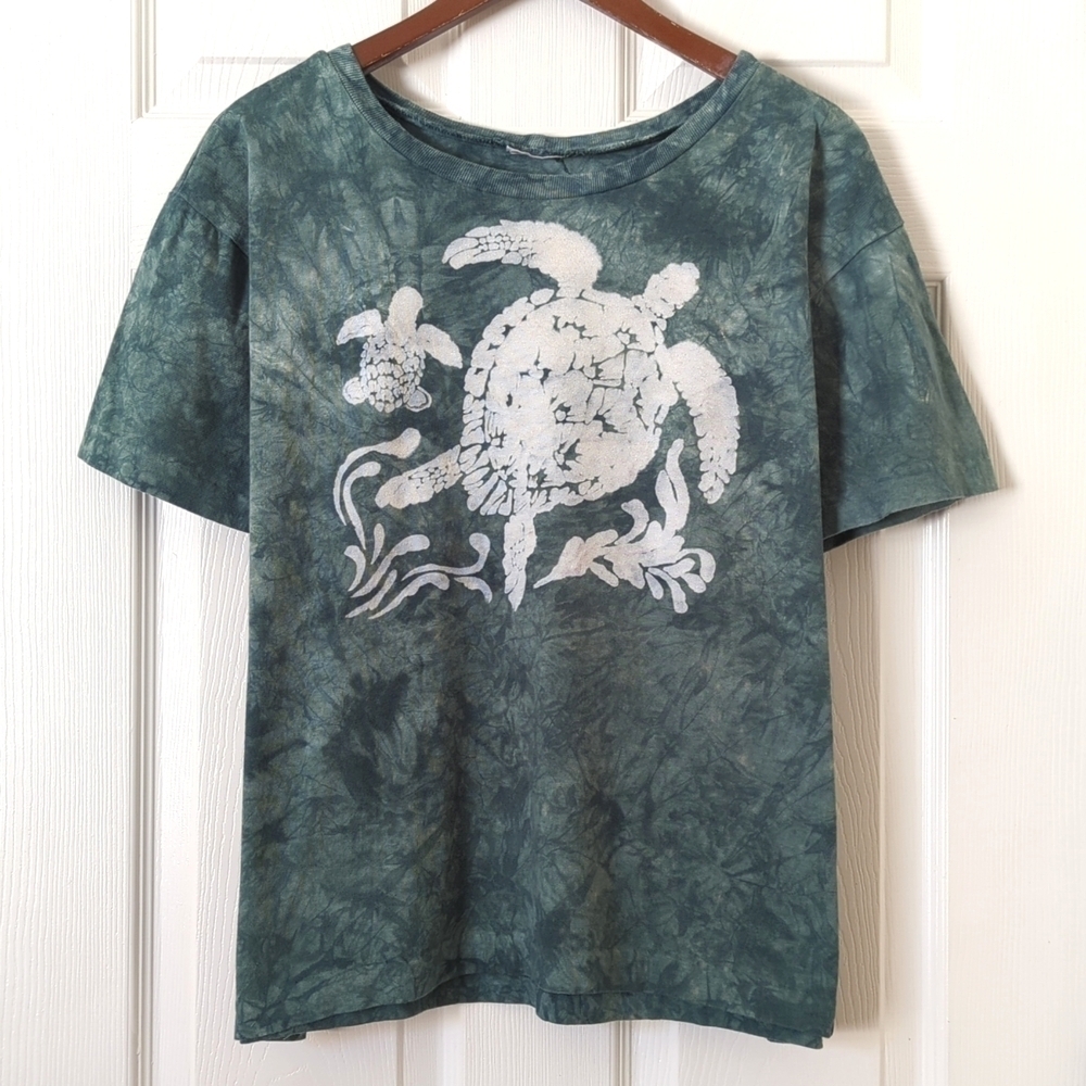 80's Vintage Turtle Tie Dyed Boat Neck Short Sleeve Single Stitch T-shirt Green